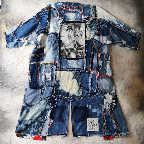 Bohemian Kimono Upcycled Vintage Denim Concept Tattoo Marilyn Monroe Patchwork - Picture 5 of 16